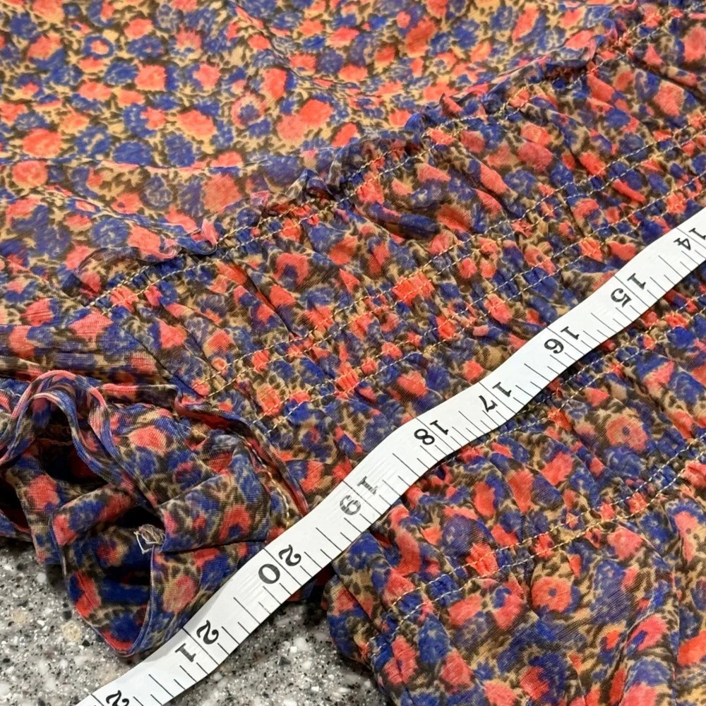Anthropologie Deletta Floral Smocked Ruffle Blouse Pink Blue Short Sleeve Small